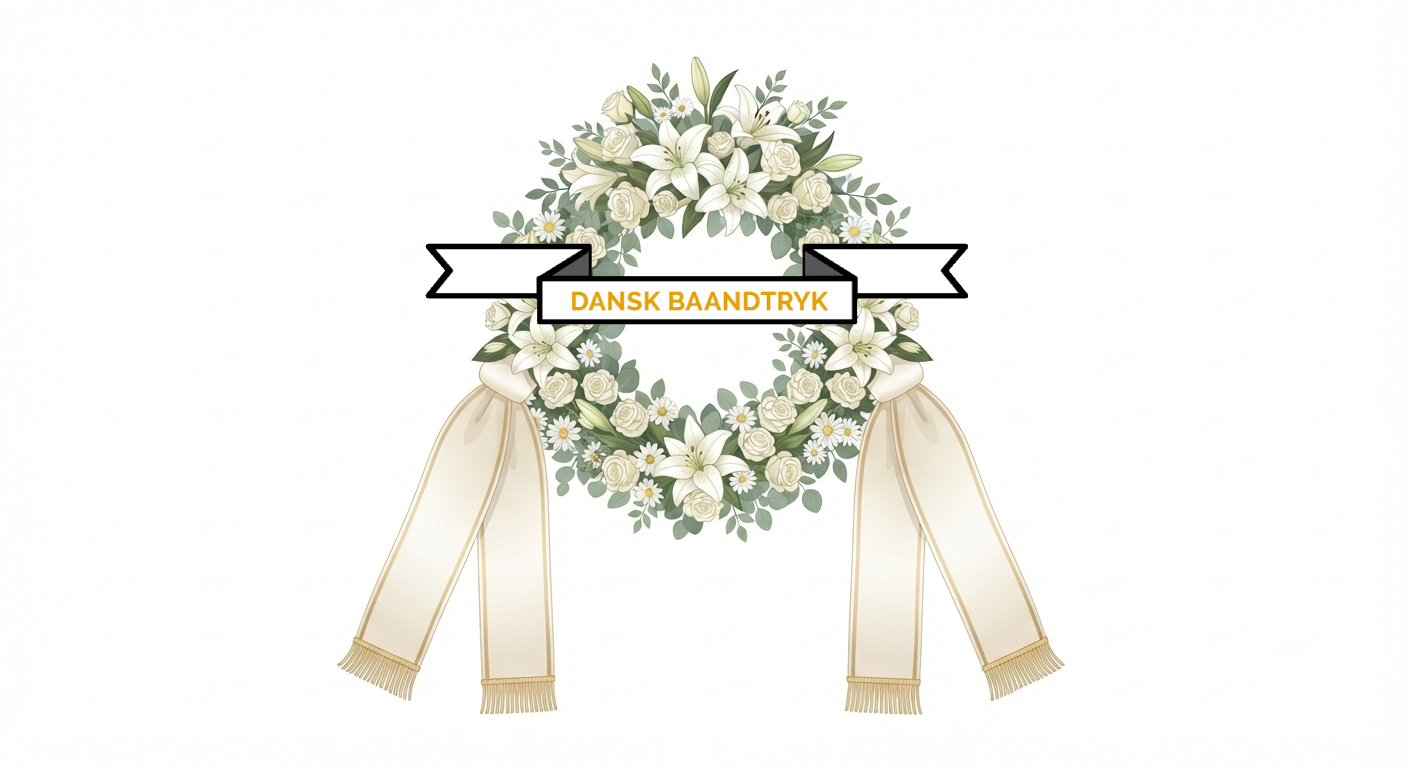En illustration af en begravelseskrans med hvide blomster og to tomme bånd.